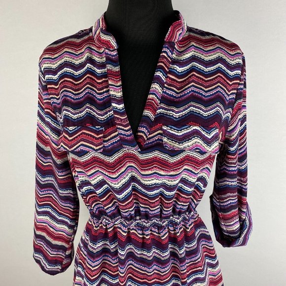 Rue21 Juniors S Chevron Zig Zag V-Neck Elastic Waist Dress Roll Tab Sleeves - Picture 2 of 12